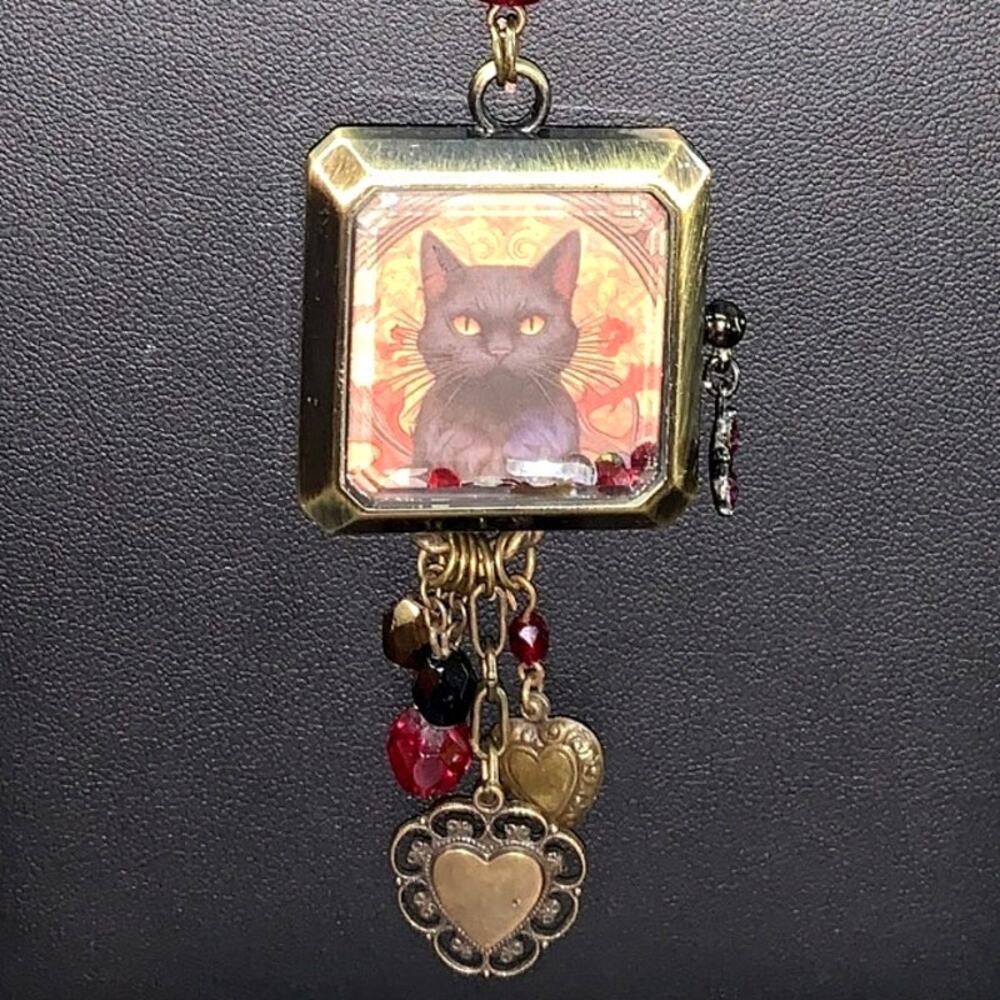 Handcrafted Black Cat Pendant Necklace Upcycled Gothic Victorian